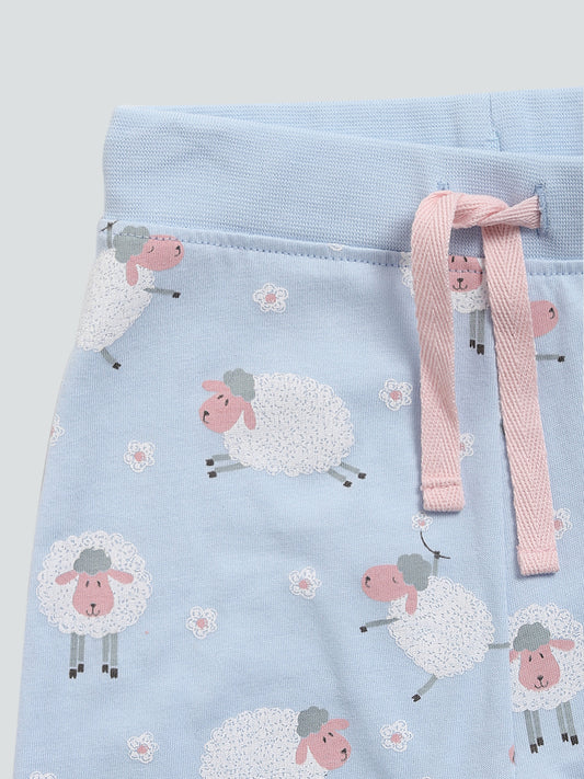 HOP Baby Blue & Pink Sheep Printed Joggers - Set of 2