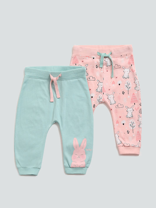 HOP Baby Sage & Pink Rabbit Printed Joggers - Set of 2