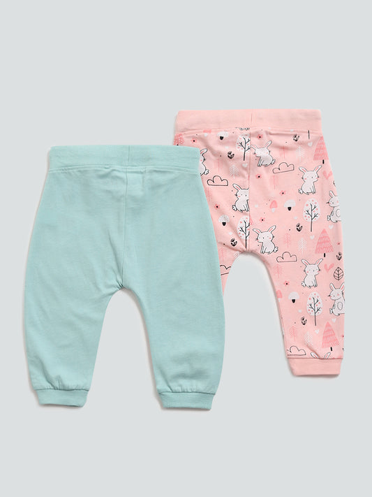 HOP Baby Sage & Pink Rabbit Printed Joggers - Set of 2