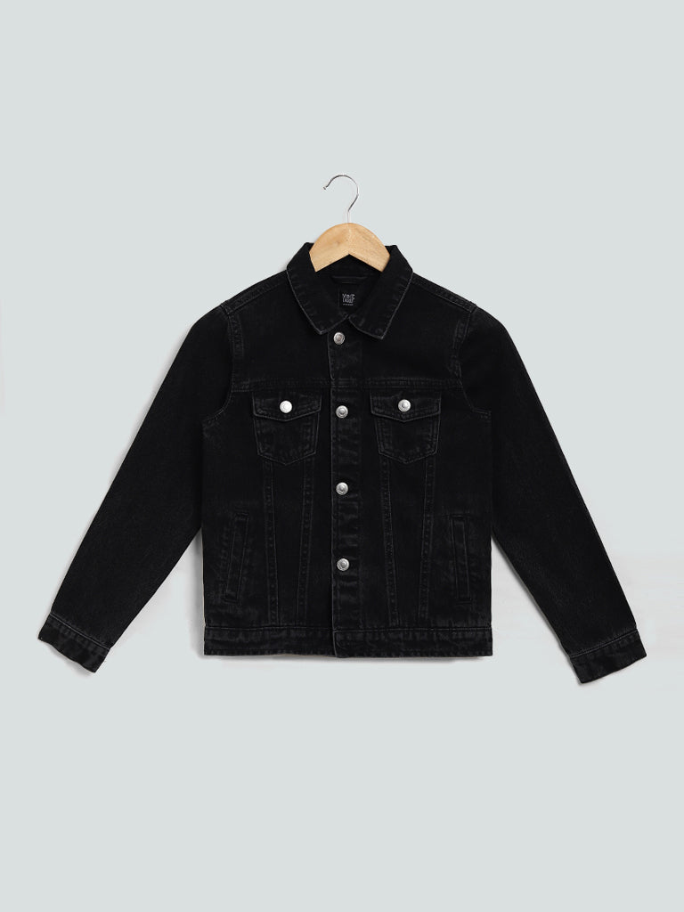 Y&F Kids Black Solid Denim Jacket