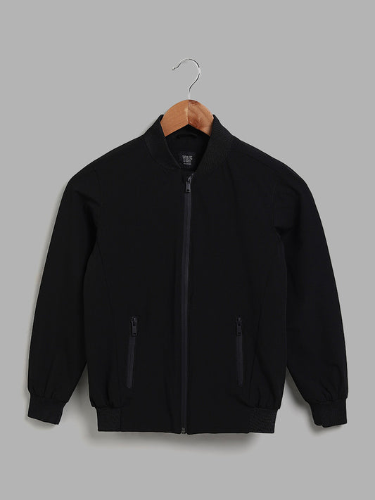 Y&F Kids Solid Black Ribbed Jacket
