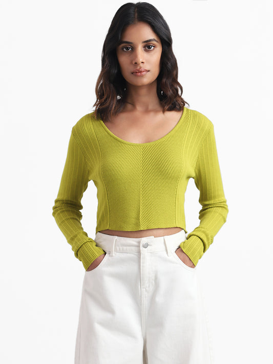 Nuon Olive Green Self Striped Crop Fit Sweater