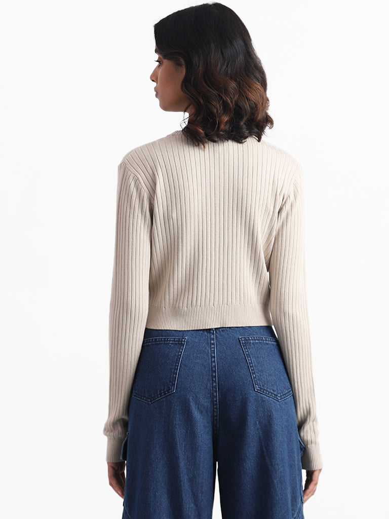 Nuon Beige Self Striped Sweater