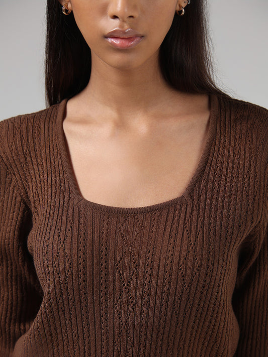 Nuon Brown Pointelle Knitted Sweater