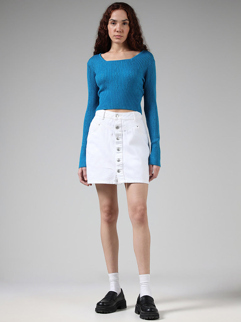 Nuon Solid Blue Lace Knitted Crop Sweater