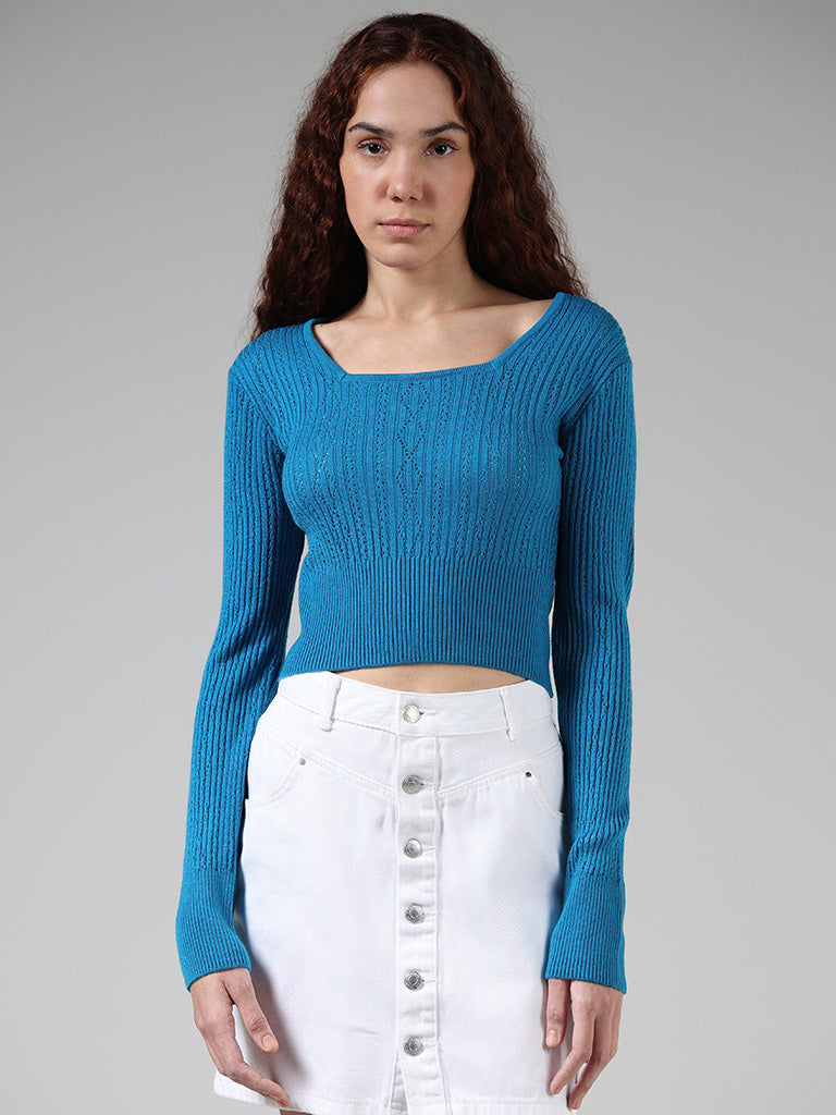 Nuon Solid Blue Lace Knitted Crop Sweater