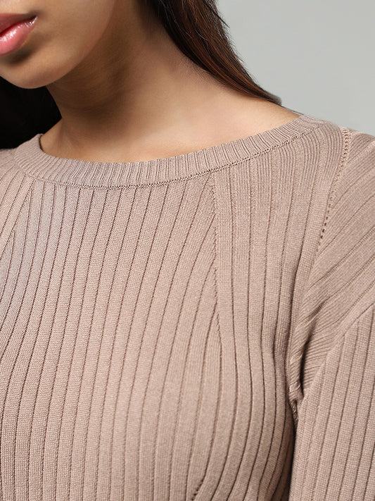 Nuon Light Brown Self-Striped Sweater