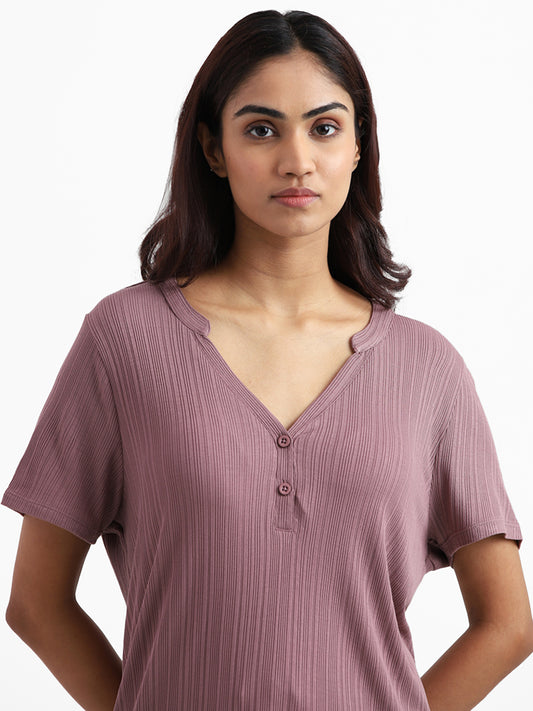 Wunderlove Sleepwear Modal Rib Light Brown Henley Supersoft Lounge Top