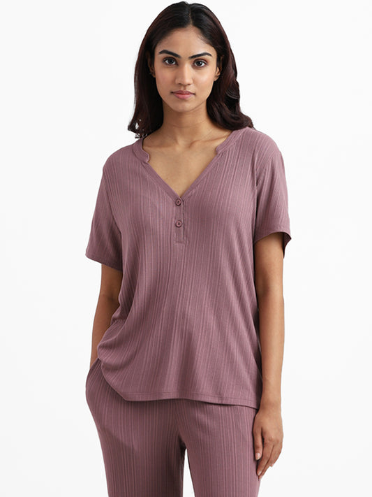Wunderlove Sleepwear Modal Rib Light Brown Henley Lounge Top