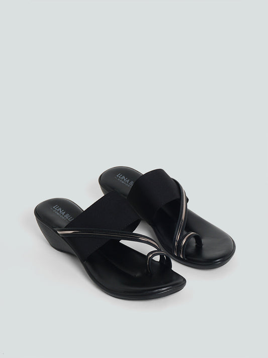 LUNA BLU Thumb Strap Lycra Black Wedge Sandals