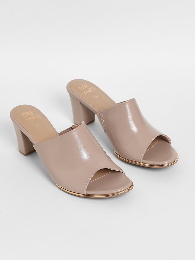 Westside LUNA BLU Women's  Mida Rendered Nude-Colored Mule Heel Sandals for Casual Wear Front View