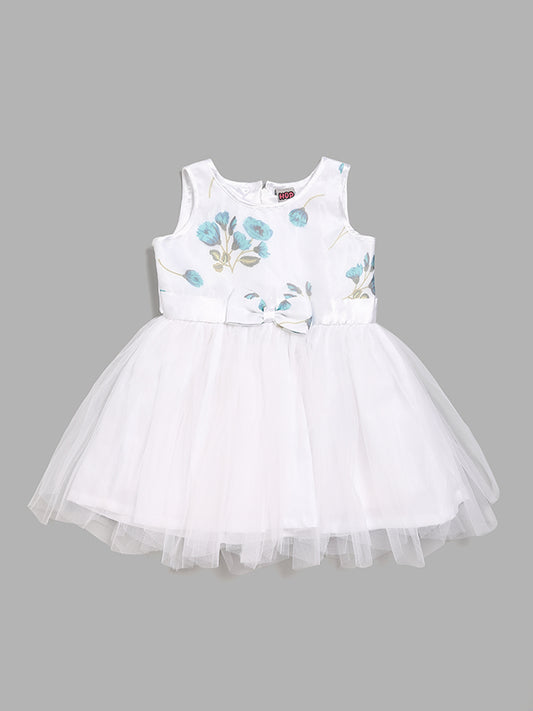 HOP Kids Floral Printed White Mesh Dress