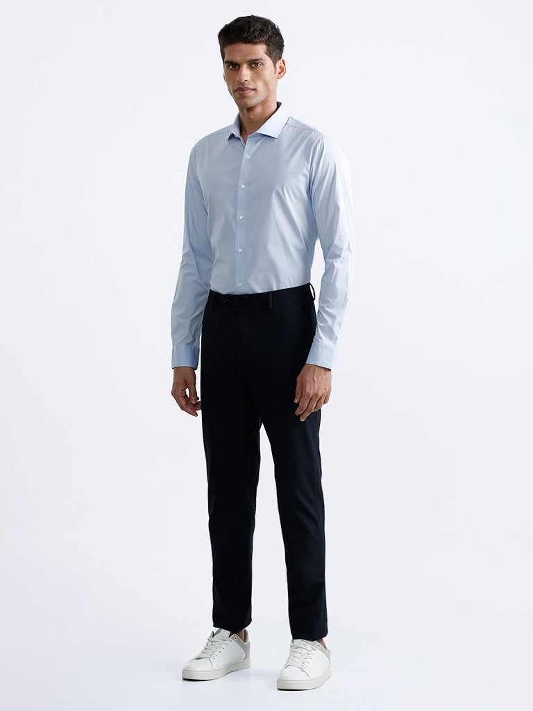 WES Formals Plain Light Blue Cotton Blend Ultra Slim Fit Shirt