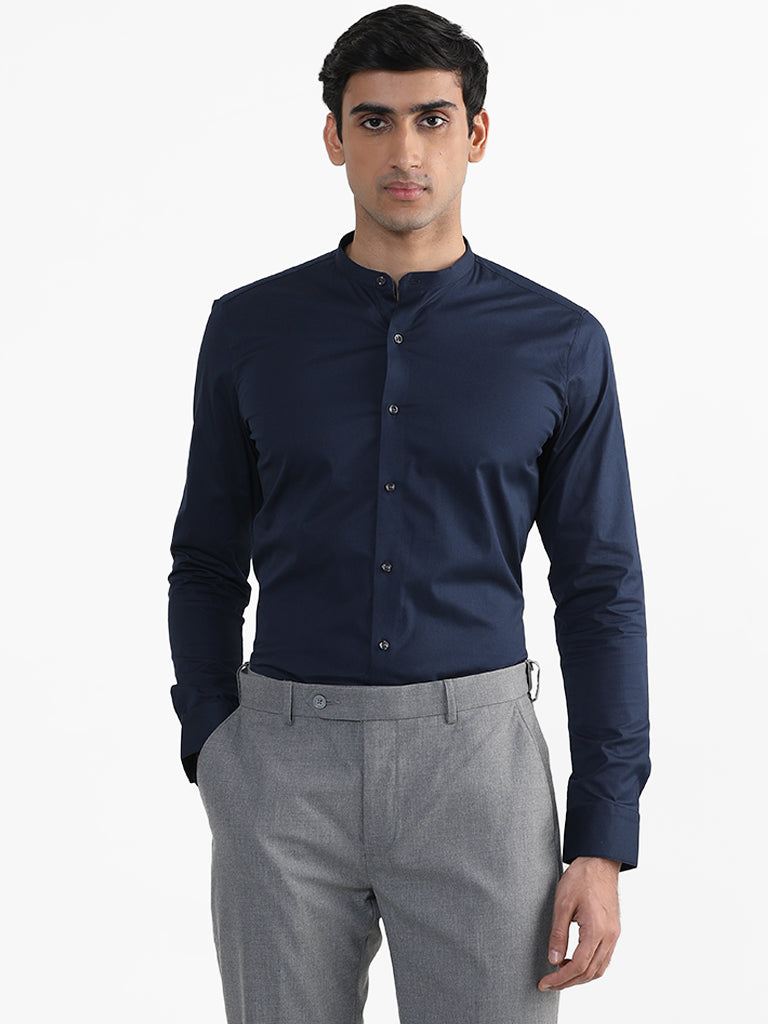 WES Formals Plain Indigo Cotton Blend Slim Fit Shirt