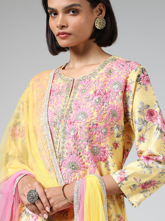 Vark Floral Printed Yellow Kurta with Pants & Dupatta