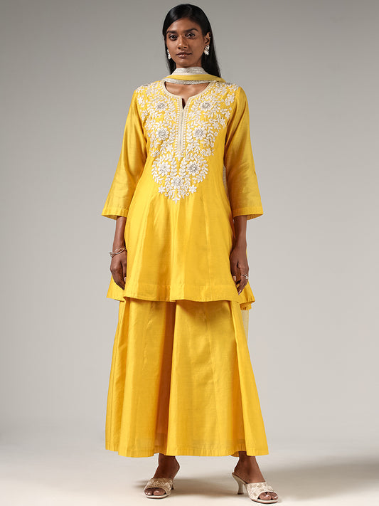 Vark Mustard Yellow Lucknowi Umbrella Kurta, Pants & Dupatta Set