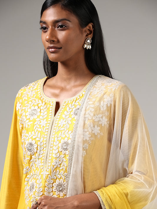 Vark Mustard Yellow Lucknowi Umbrella Kurta, Pants & Dupatta Set