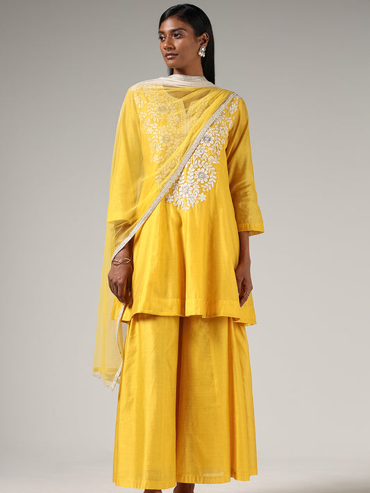 Vark Mustard Yellow Lucknowi Umbrella Kurta, Pants & Dupatta Set