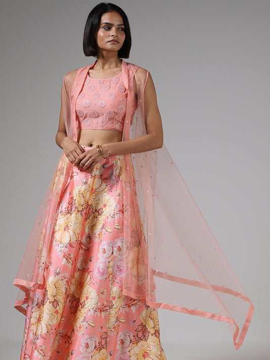 Vark Peach Mirror Embroidered Choli, Jacket and Floral Printed Skirt Set