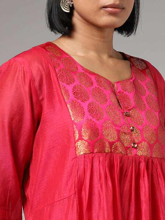 Utsa Pink Jacquard Embroidered Gathered Kurta with Inner