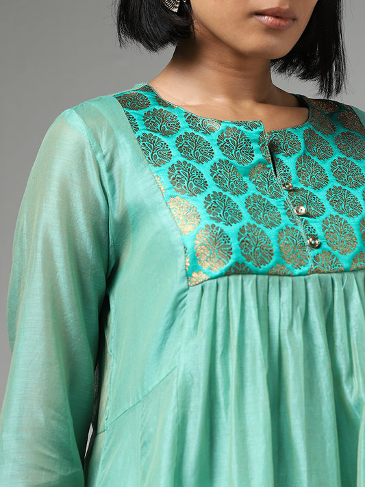 Utsa Aqua Green Jacquard Embroidery Kurta with Inner