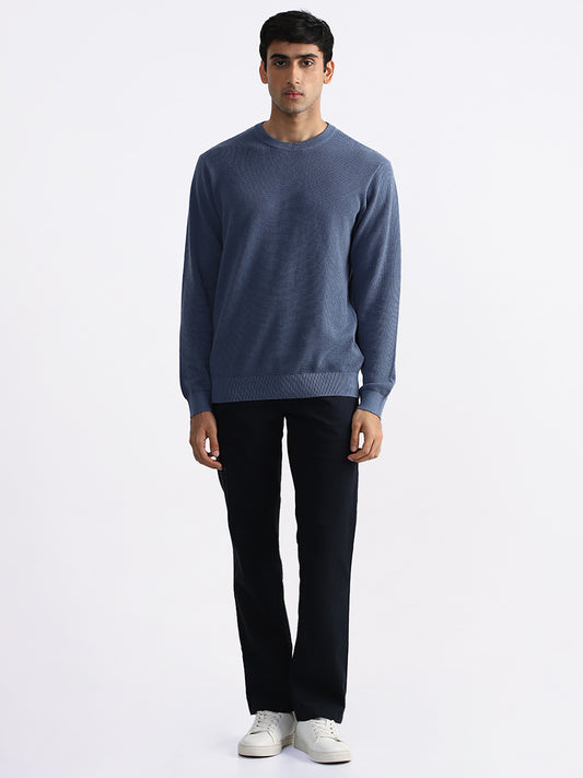 Ascot Blue Cotton Relaxed Fit Sweater