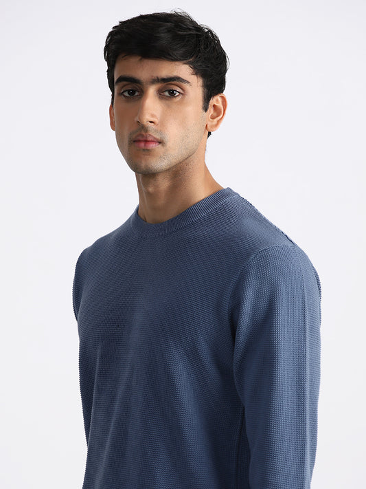 Ascot Blue Cotton Relaxed Fit Sweater