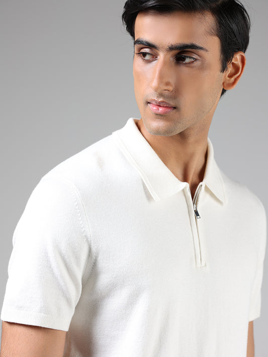 Ascot Off White Relaxed Fit Polo Zipper T-Shirt