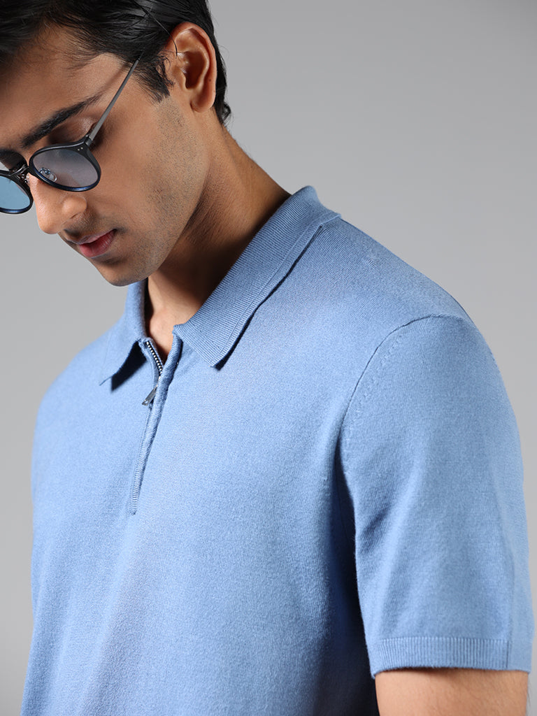 Ascot Blue Relaxed-Fit Polo Zipper T-Shirt