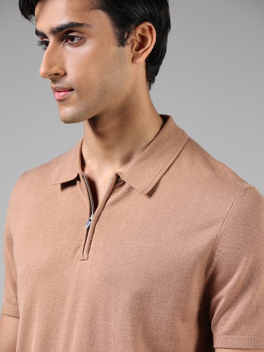 Ascot Tobacco Brown Relaxed Fit Polo Zipper T-Shirt
