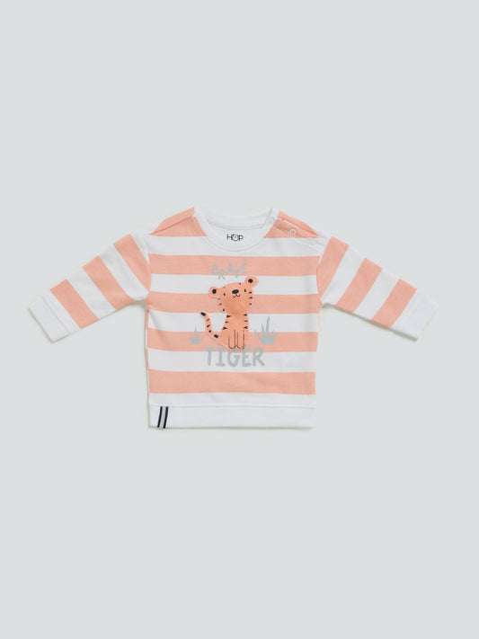 HOP Baby White & Orange Stripped Tiger Printed T-Shirt