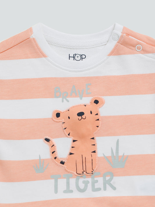 HOP Baby White & Orange Stripped Tiger Printed T-Shirt
