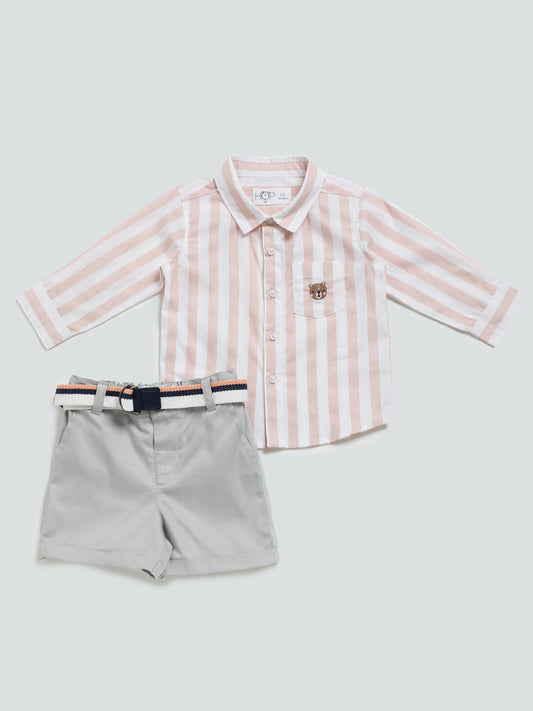 HOP Baby Light Orange Striped Shirt with Shorts & Belt Set