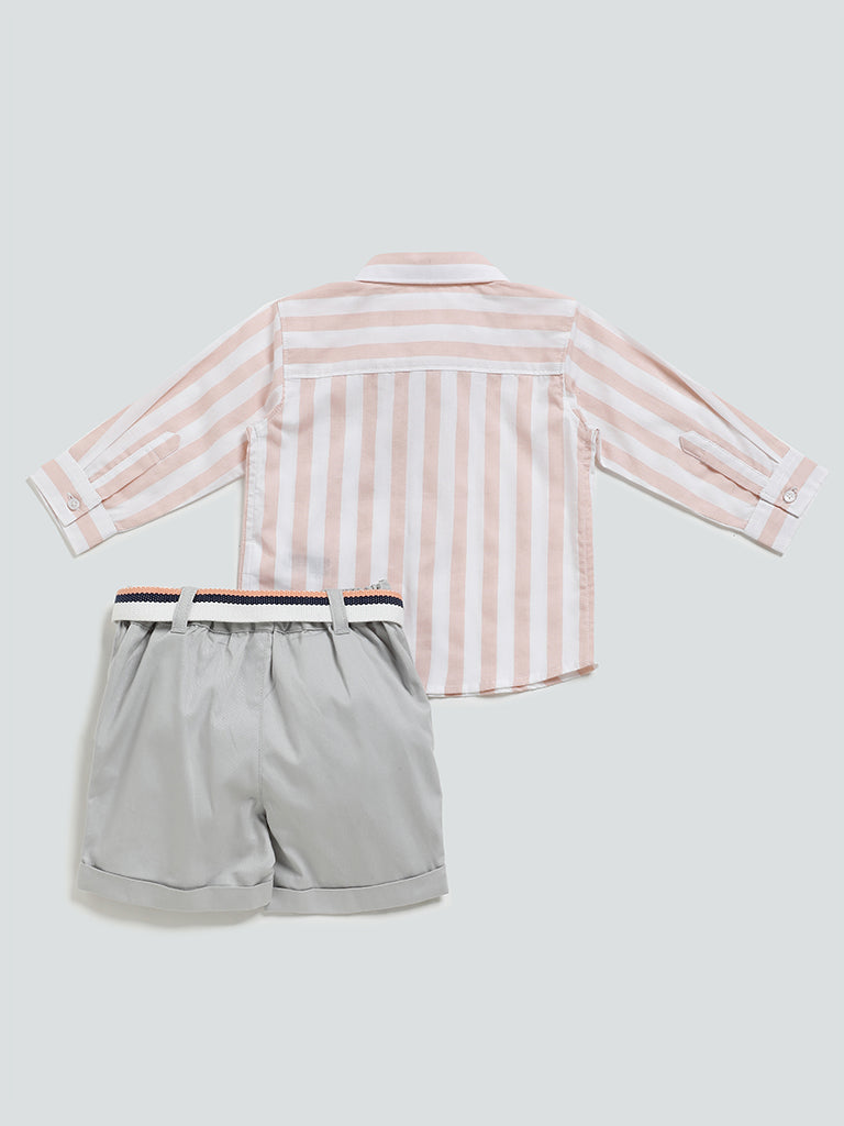 HOP Baby Light Orange Striped Shirt with Shorts & Belt Set