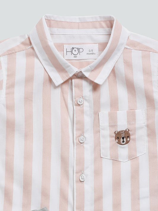 HOP Baby Light Orange Striped Shirt with Shorts & Belt Set