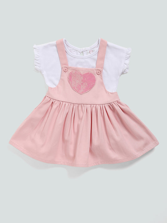 HOP Baby Heart Sequence Embroidered Pink Pinafore with T-Shirt