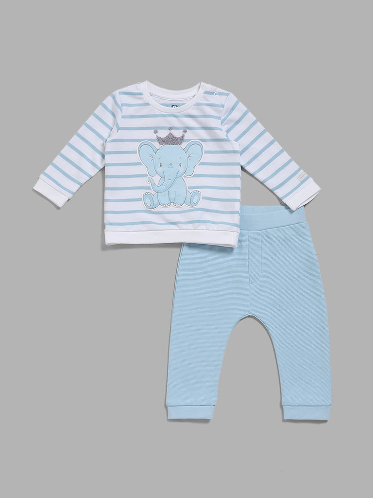 HOP Baby Blue Elephant Printed T-Shirt & Pants Set