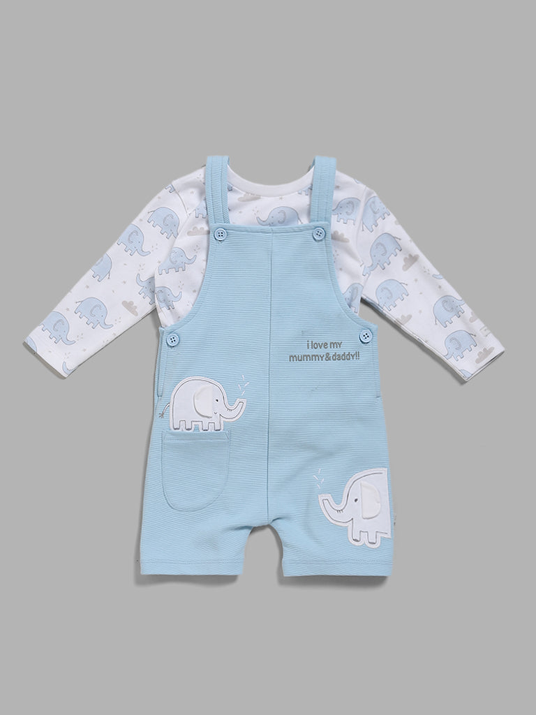 HOP Baby Blue Elephant Printed T-Shirt & Dungaree Set