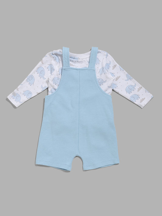 HOP Baby Blue Elephant Printed T-Shirt & Dungaree Set