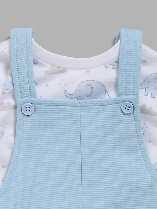 HOP Baby Blue Elephant Printed T-Shirt & Dungaree Set