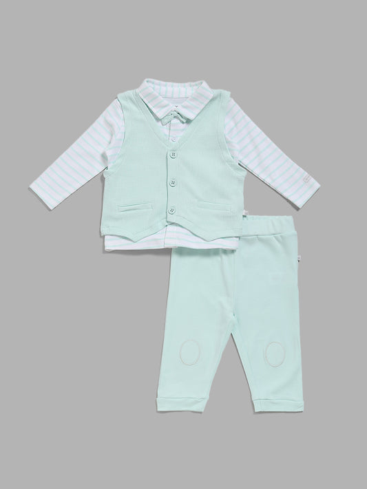 HOP Baby Mint Striped Shirt, Waistcoat & Pants Set