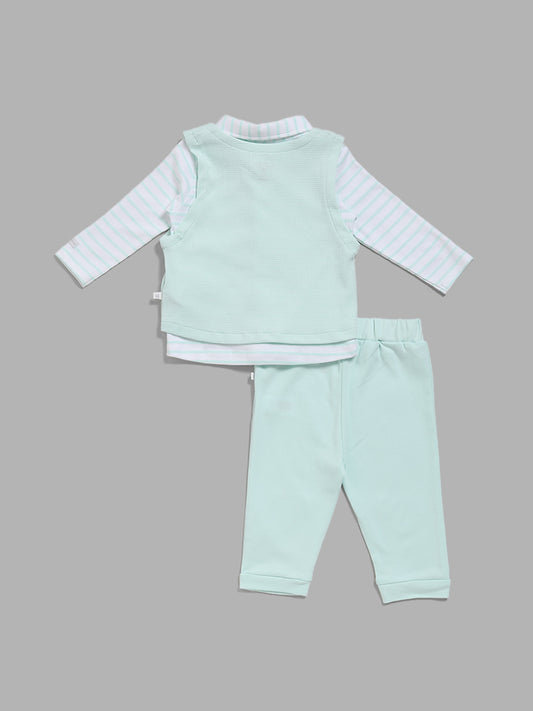 HOP Baby Mint Striped Shirt, Waistcoat & Pants Set