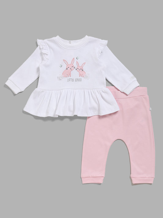 HOP Baby White Bunny Embroidered Top & Pants Set