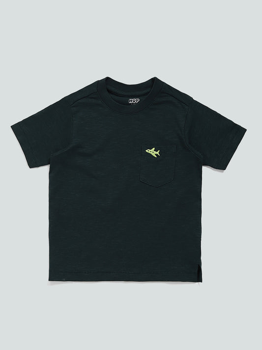 HOP Kids Solid Green Aero Embroidered T-Shirt