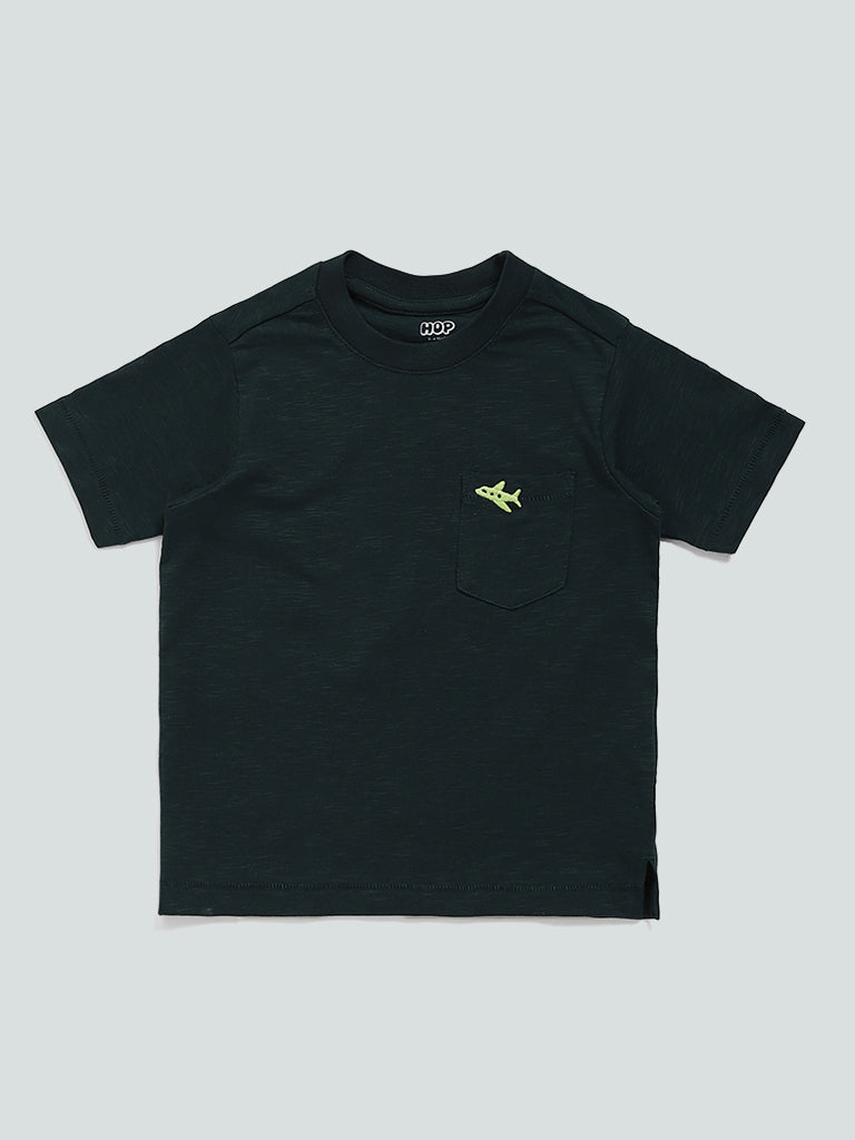 HOP Kids Solid Green Aero Embroidered T-Shirt