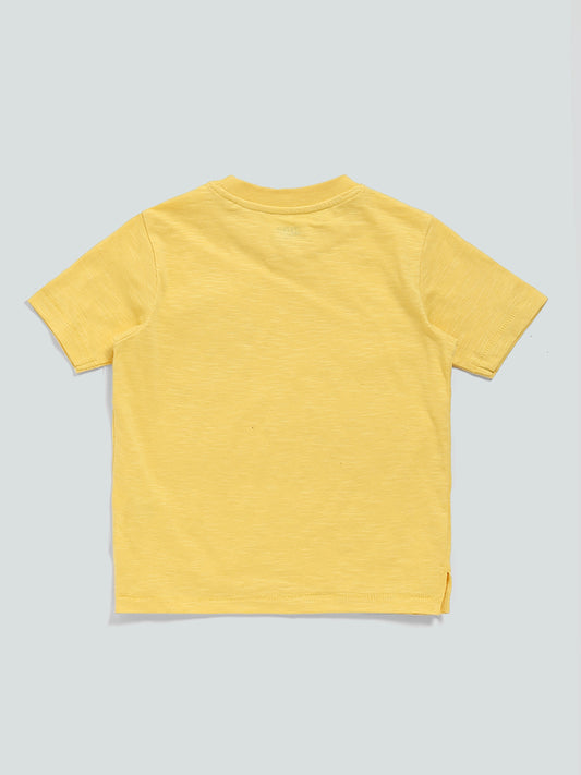 HOP Kids Solid Yellow Car Embroidered T-Shirt