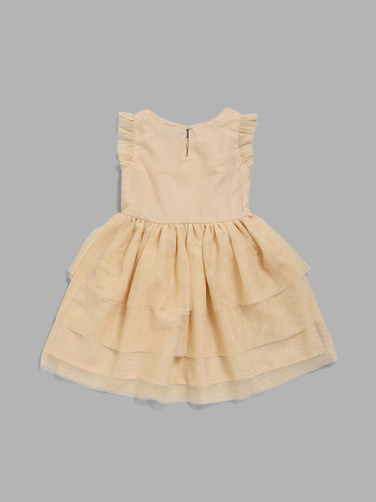 HOP Kids Beige Sequins Tiered Dress