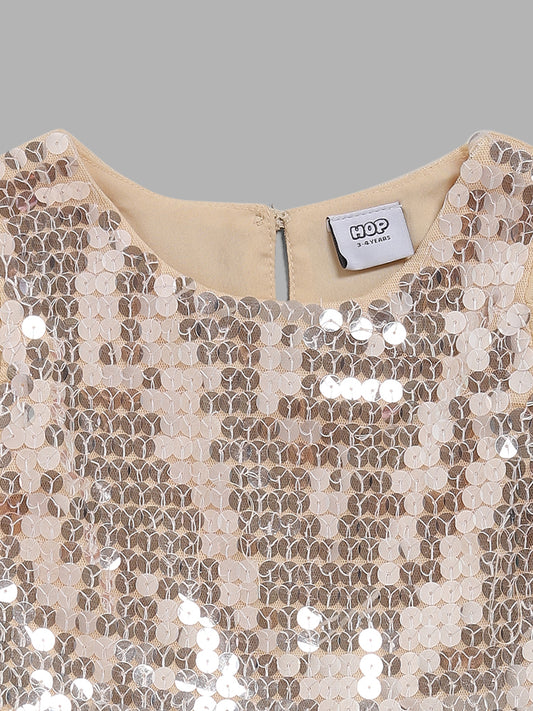 HOP Kids Beige Sequins Tiered Dress