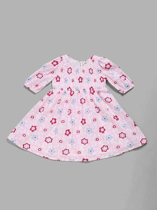 HOP Kids White & Pink Floral Printed Dress