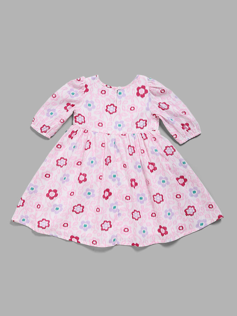 HOP Kids White & Pink Floral Printed Dress